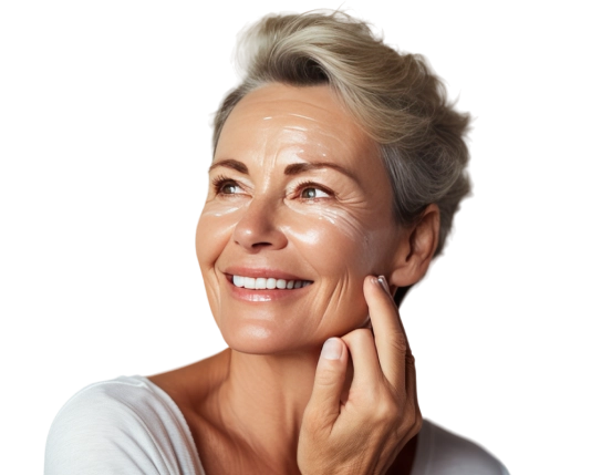 closeup middleaged caucasian woman touching her face apply moisturizer smiling face adult greyhaired lady with daily cream facial cosmetics skin care grey background copy space Photoroom ()