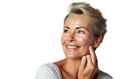 closeup middleaged caucasian woman touching her face apply moisturizer smiling face adult greyhaired lady with daily cream facial cosmetics skin care grey background copy space Photoroom